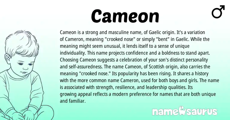 Infographic about Cameon name meaning, Cameon is a name from Gaelic origin(s).