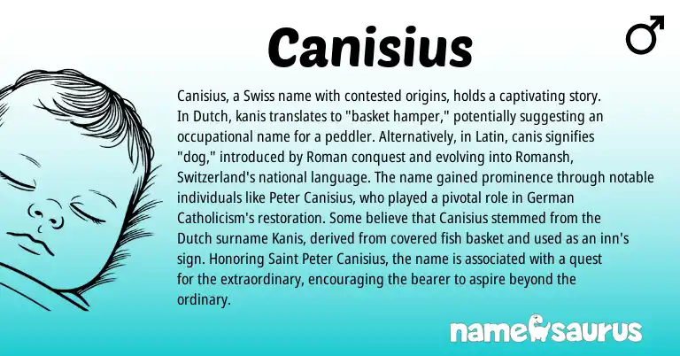 Infographic about Canisius name meaning, Canisius is a name from Swiss, Romansh, Roman, Latin, German, Dutch origin(s).