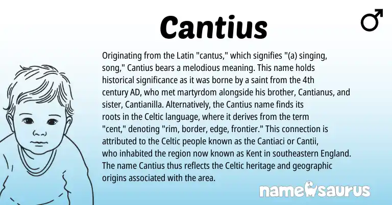 Infographic about Cantius name meaning, Cantius is a name from Latin, Celtic, England origin(s).