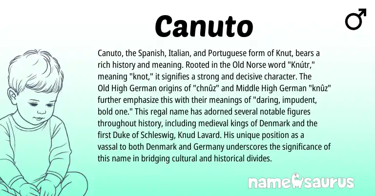Infographic about Canuto name meaning, Canuto is a name from Old Norse, Old High German, Spanish, Italian, German, Portuguese origin(s).