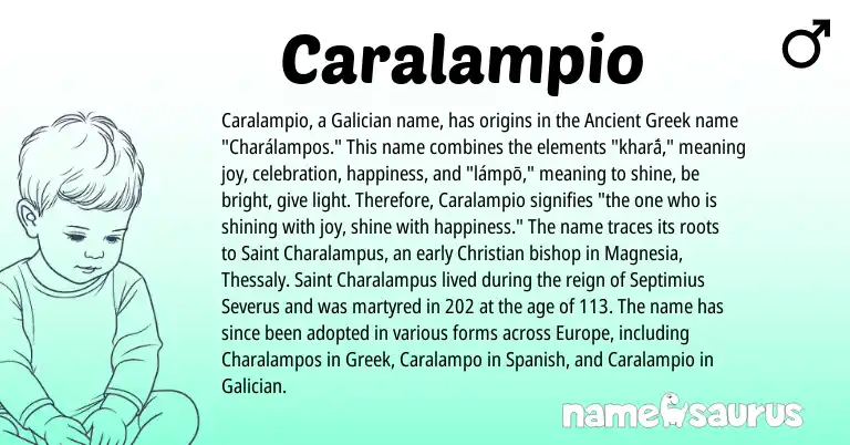 Infographic about Caralampio name meaning, Caralampio is a name from Galician, Spanish, Ancient Greek, Greek origin(s).