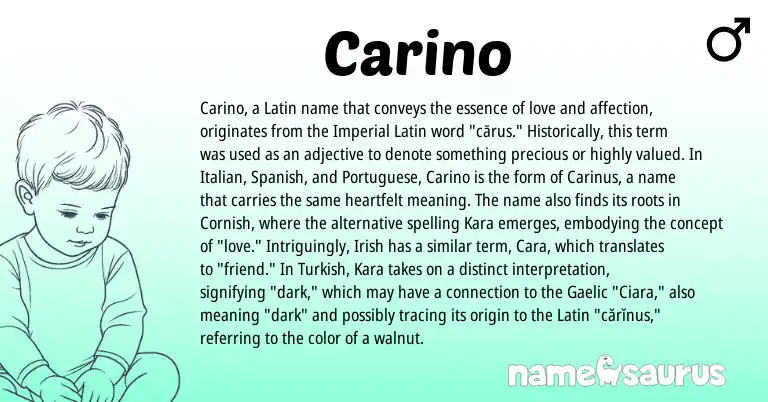 Infographic about Carino name meaning, Carino is a name from Irish, Cornish, Spanish, Turkish, Gaelic, Latin, Italian, Portuguese origin(s).