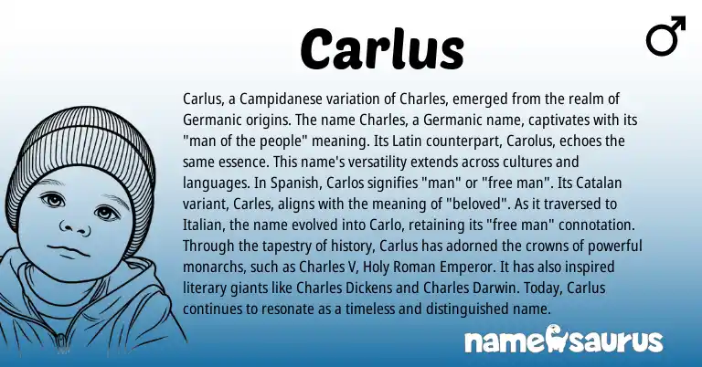 Infographic about Carlus name meaning, Carlus is a name from Spanish, Catalan, Germanic, Latin, Roman, Italian origin(s).