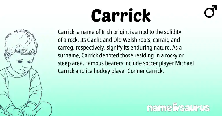 Infographic about Carrick name meaning, Carrick is a name from Irish, Old Welsh, Gaelic origin(s).