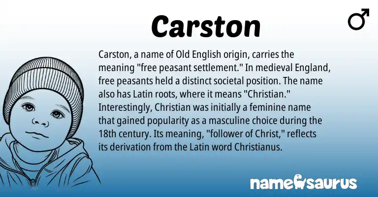 Infographic about Carston name meaning, Carston is a name from Old English, Latin, England origin(s).
