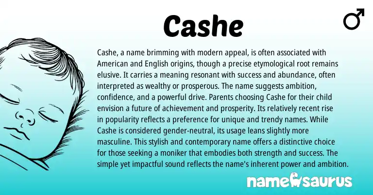 Infographic about Cashe name meaning, Cashe is a name from American, English origin(s).