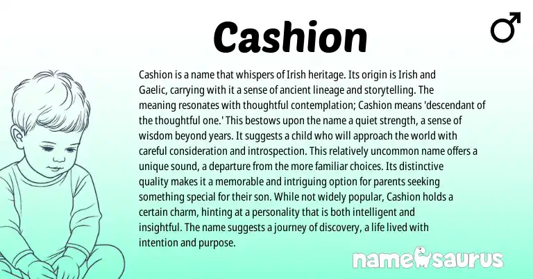 Infographic about Cashion name meaning, Cashion is a name from Irish origin(s).