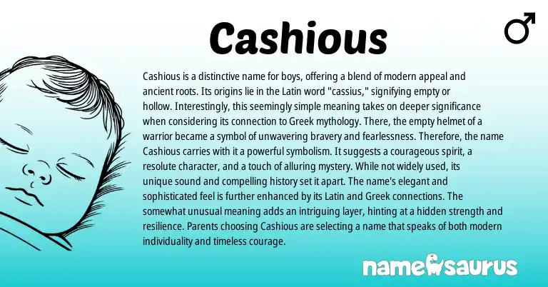 Infographic about Cashious name meaning, Cashious is a name from Greek, Latin origin(s).