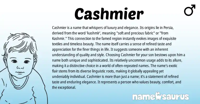 Infographic about Cashmier name meaning, Cashmier is a name from Persian, English origin(s).