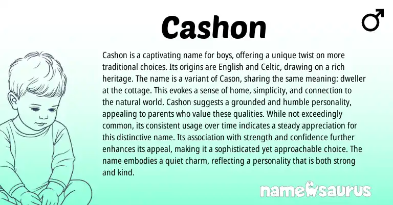 Infographic about Cashon name meaning, Cashon is a name from English, Celtic origin(s).