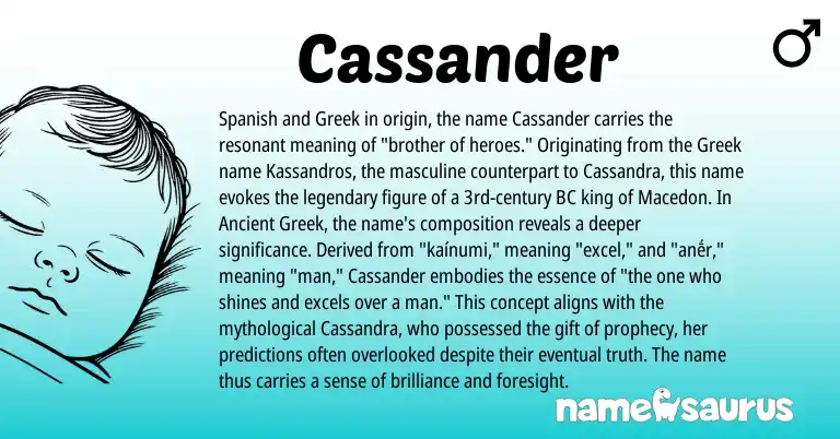 Infographic about Cassander name meaning, Cassander is a name from Spanish, Ancient Greek, Greek origin(s).