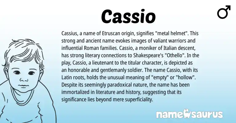 Infographic about Cassio name meaning, Cassio is a name from Etruscan, Roman, Latin, Italian origin(s).