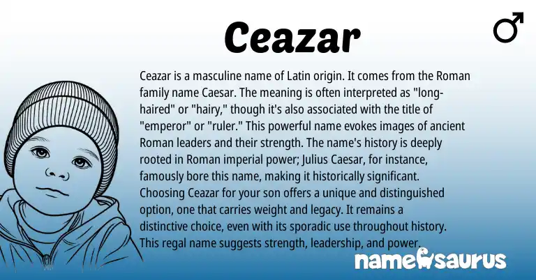 Infographic about Ceazar name meaning, Ceazar is a name from Latin, Roman origin(s).