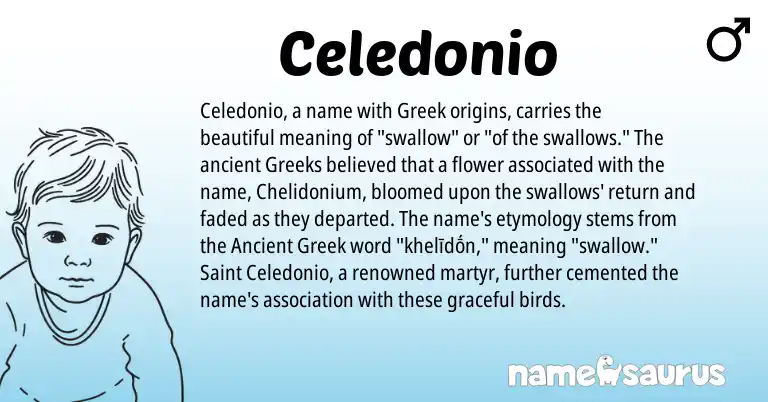Infographic about Celedonio name meaning, Celedonio is a name from Ancient Greek, Greek origin(s).