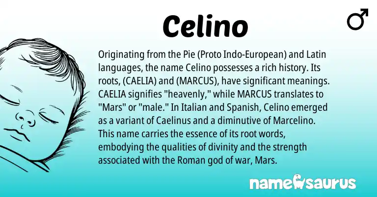 Infographic about Celino name meaning, Celino is a name from Pie, Spanish, European, Latin, Roman, Italian origin(s).