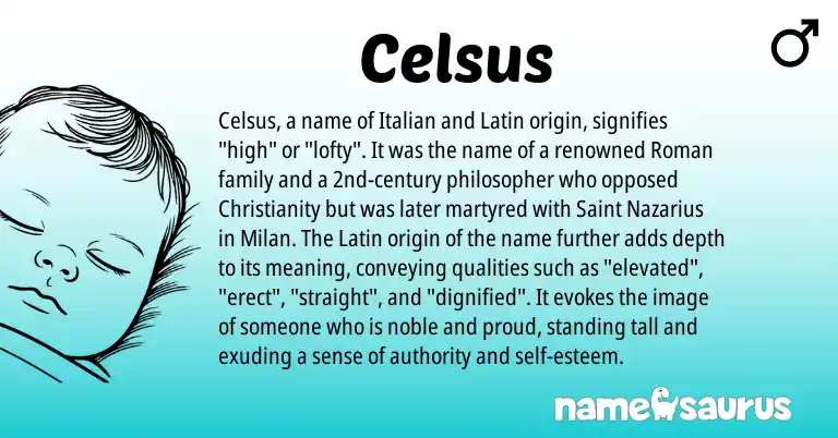 Infographic about Celsus name meaning, Celsus is a name from Roman, Christianity, Latin, Italian origin(s).