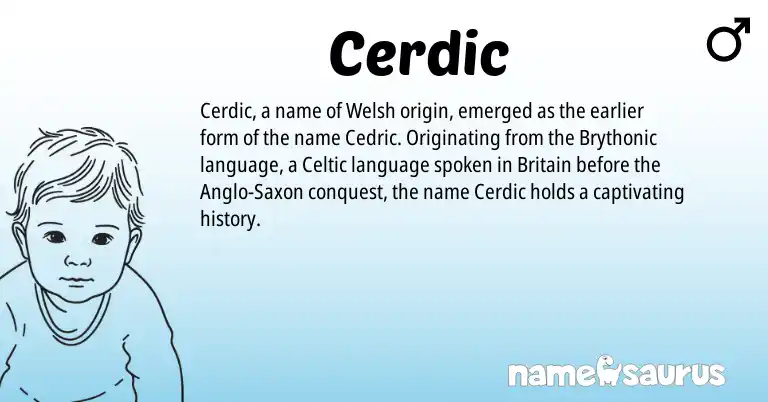 Infographic about Cerdic name meaning, Cerdic is a name from Anglo-Saxon, Welsh, Celtic, Brythonic origin(s).