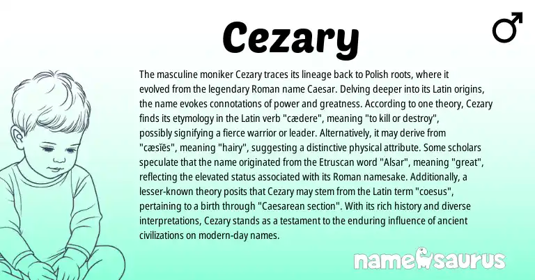 Infographic about Cezary name meaning, Cezary is a name from Etruscan, Polish, Roman, Latin origin(s).
