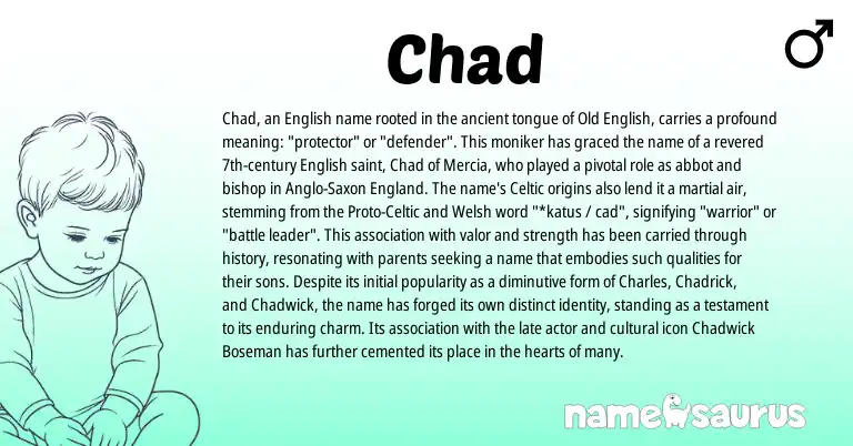 Infographic about Chad name meaning, Chad is a name from Anglo-Saxon, English, Welsh, England, Celtic, Old English, Proto-Celtic origin(s).