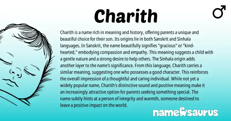 Infographic about Charith name meaning, Charith is a name from Indian, Sanskrit, Sinhalese origin(s).