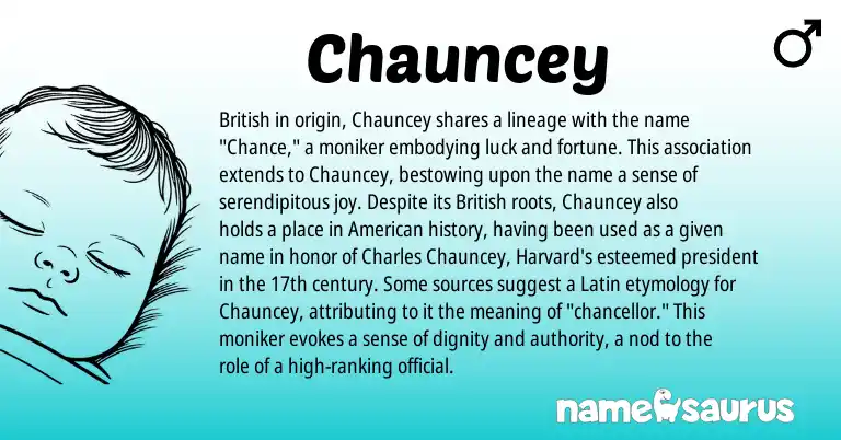 Infographic about Chauncey name meaning, Chauncey is a name from British, Latin, American origin(s).