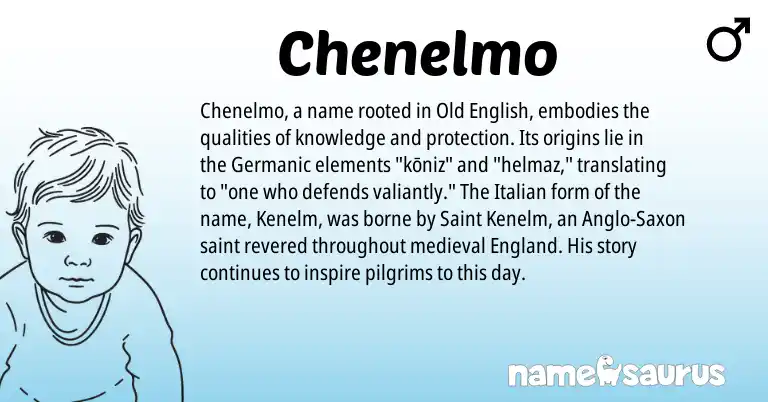 Infographic about Chenelmo name meaning, Chenelmo is a name from Anglo-Saxon, England, Germanic, Old English, Italian origin(s).
