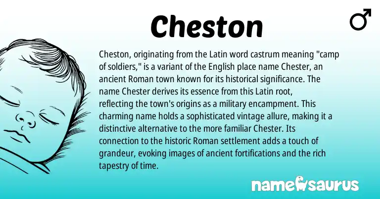 Infographic about Cheston name meaning, Cheston is a name from Roman, English, Latin origin(s).