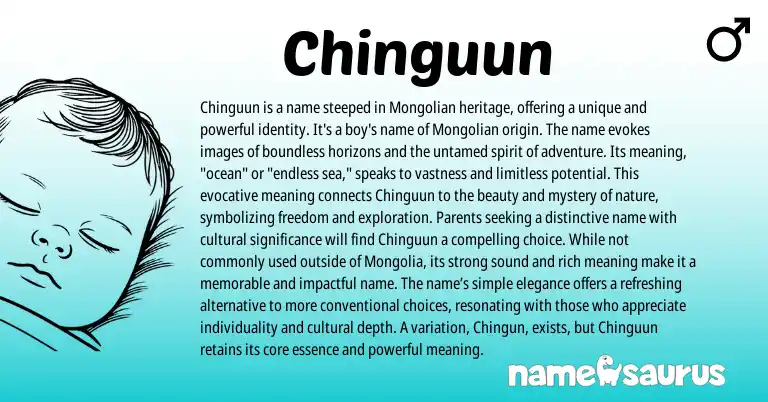 Infographic about Chinguun name meaning, Chinguun is a name from Mongolian origin(s).