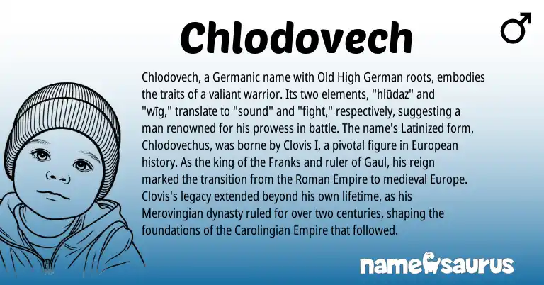 Infographic about Chlodovech name meaning, Chlodovech is a name from Old High German, Roman, Germanic, European origin(s).