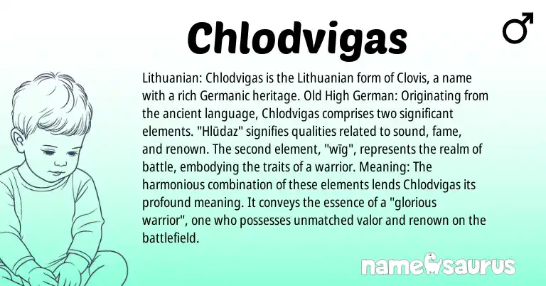 Infographic about Chlodvigas name meaning, Chlodvigas is a name from Lithuanian, Old High German, Germanic origin(s).