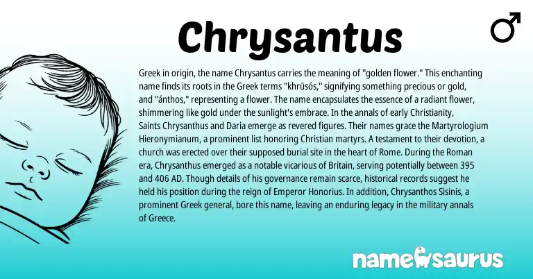 Infographic about Chrysantus name meaning, Chrysantus is a name from Greece, Christianity, Roman, Greek origin(s).