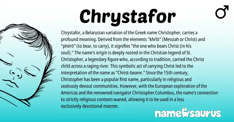 Infographic about Chrystafor name meaning, Chrystafor is a name from European, Belarusian, Greek origin(s).