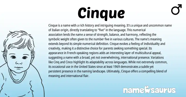 Infographic about Cinque name meaning, Cinque is a name from Italian origin(s).
