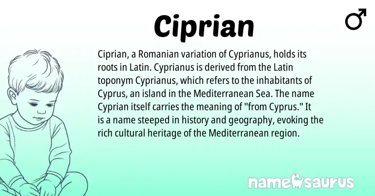 Infographic about Ciprian name meaning, Ciprian is a name from Romanian, Cyprus, Latin origin(s).