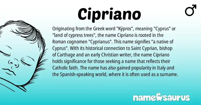 Infographic about Cipriano name meaning, Cipriano is a name from Spanish, Cyprus, Roman, Greek origin(s).