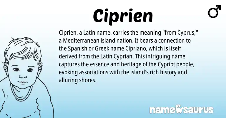 Infographic about Ciprien name meaning, Ciprien is a name from Spanish, Cyprus, Latin, Greek origin(s).