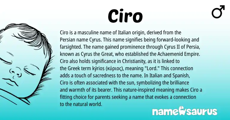 Infographic about Ciro name meaning, Ciro is a name from Christianity, Spanish, Persian, Greek, Italian origin(s).