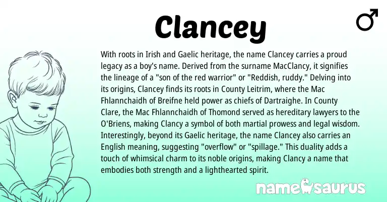 Infographic about Clancey name meaning, Clancey is a name from Irish, English, Gaelic origin(s).
