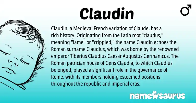 Infographic about Claudin name meaning, Claudin is a name from Roman, Medieval French, Latin origin(s).