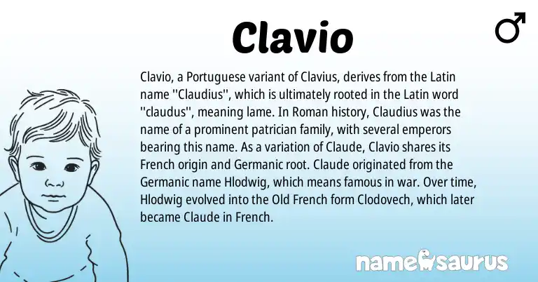 Infographic about Clavio name meaning, Clavio is a name from Old French, French, Roman, Germanic, Latin, Portuguese origin(s).