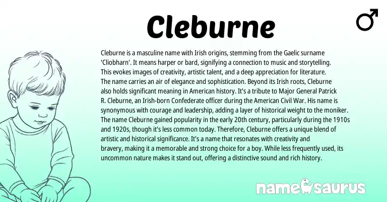 Infographic about Cleburne name meaning, Cleburne is a name from Gaelic, English, Irish origin(s).