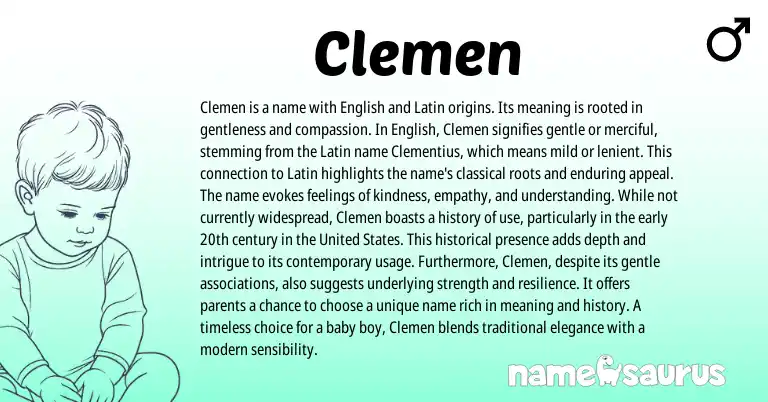 Infographic about Clemen name meaning, Clemen is a name from Latin, English origin(s).