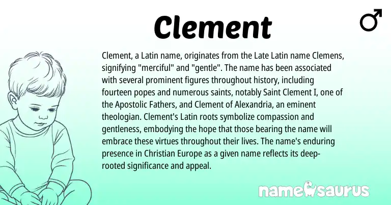 Infographic about Clement name meaning, Clement is a name from Late Latin, Latin origin(s).