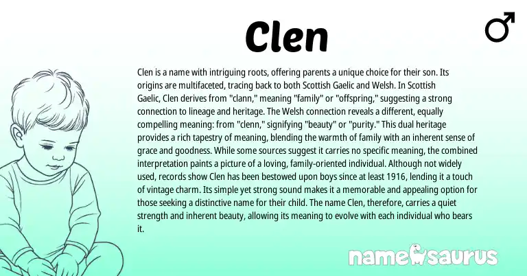 Infographic about Clen name meaning, Clen is a name from Scottish, Welsh, Gaelic origin(s).