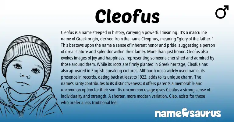 Infographic about Cleofus name meaning, Cleofus is a name from English, Greek origin(s).