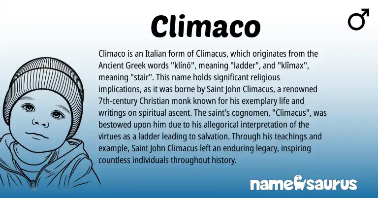 Infographic about Climaco name meaning, Climaco is a name from Ancient Greek, Italian origin(s).