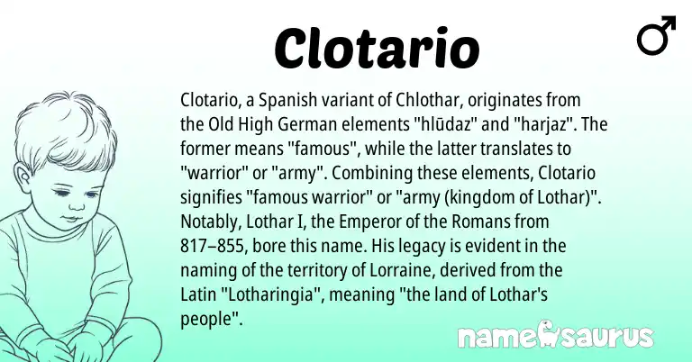 Infographic about Clotario name meaning, Clotario is a name from Old High German, Spanish, Latin origin(s).