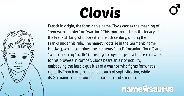 Infographic about Clovis name meaning, Clovis is a name from French, Germanic, Frankish origin(s).