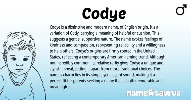 Infographic about Codye name meaning, Codye is a name from English, Irish origin(s).