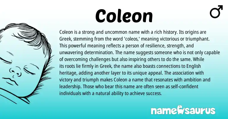 Infographic about Coleon name meaning, Coleon is a name from Greek origin(s).